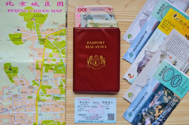 The passport, the tourist map of China, and entry tickets