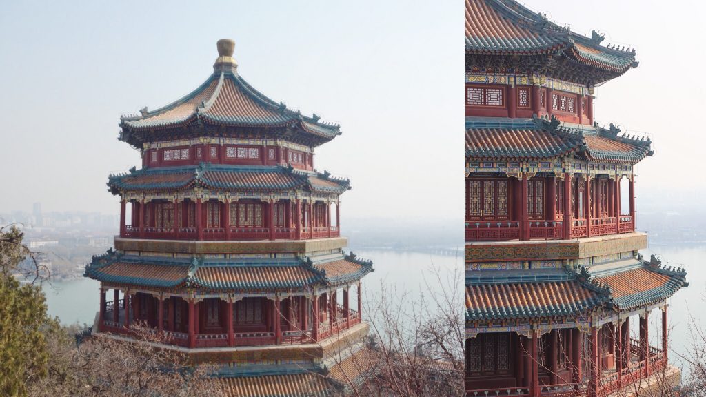 The lake forms the key landscape features of the Summer Palace gardens. Summer Palace, Beijing, March 2017. 