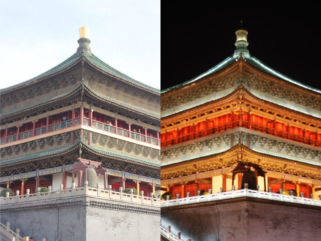 The charming Bell Tower is illuminated when the night falls.